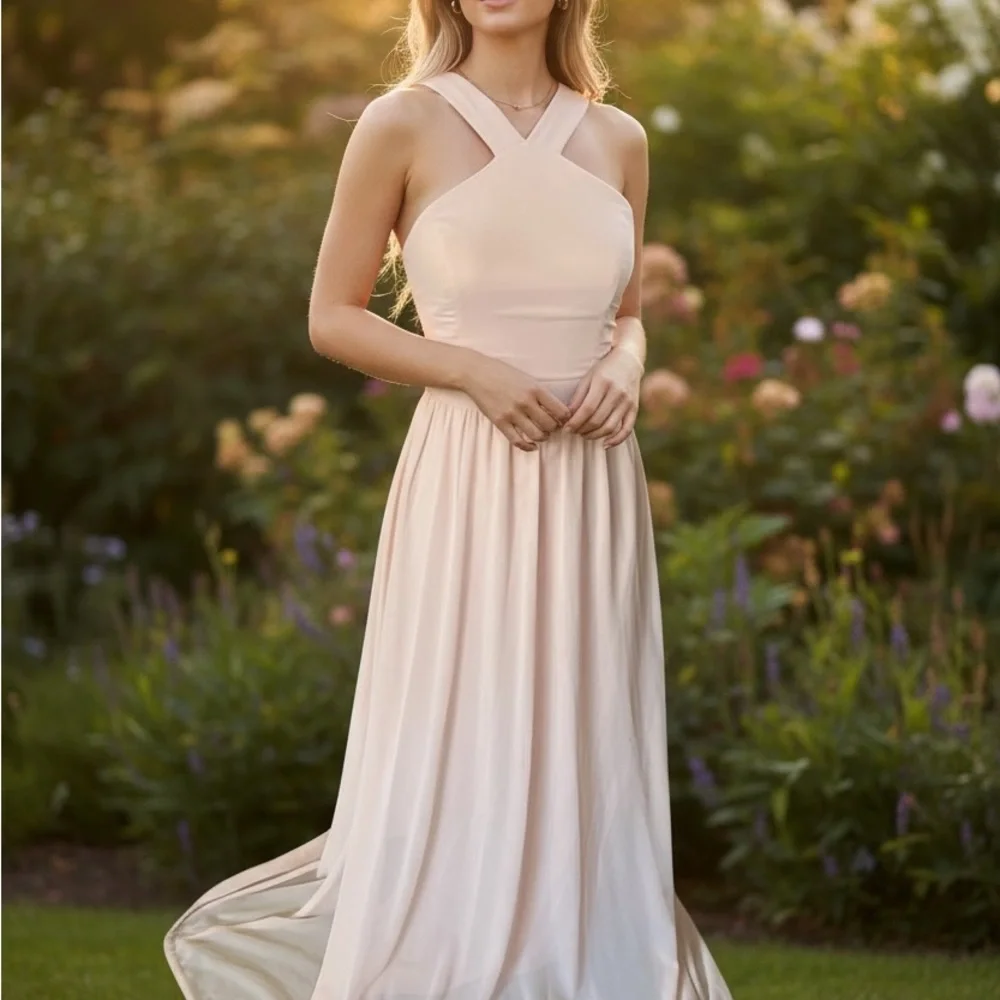 Lulu's Sz S Soft Blush Pink A Line Halter Chiffon Maxi Formal Bridesmaid Dress - Picture 2 of 12